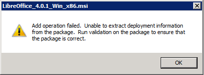 Add operation failed. Unable to extract deployment information from the package