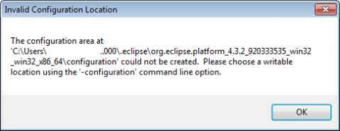 The configuration area at C:\Users\[username]\.eclipse\...\configuration could not be created. Please choose a writable location using the '-configuration' command line option.